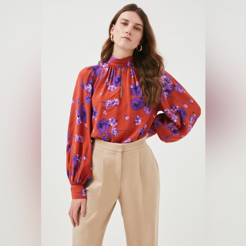 Karen Millen Red, Purple Floral Long Sleeve Keyhole Blouse size 6 NWT